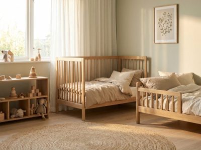Helles skandinavisches Kinderzimmer mit Holzmöbeln und Leinenbettwäsche