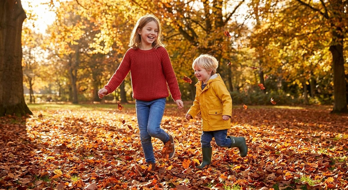 Emma und Felix toben durch Herbstlaub im Park